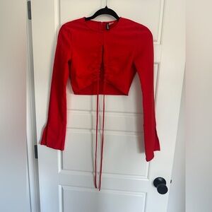 Divided Red Ruched Crop Blouse with Tie Front